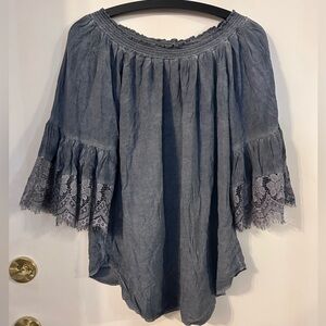 AMO Slate Blue Boho Blouse with Lace Detail on the Sleeve size 1